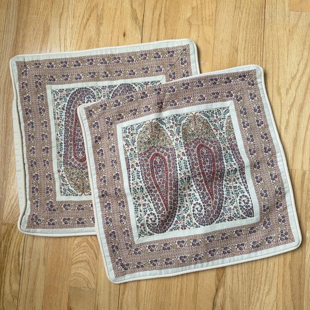 Set of Pottery Barn Paisley Accent Pillow Cover 18x18 Cream Olive Green Blue Red